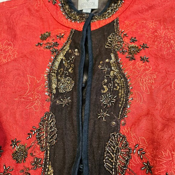 Chico's Women's Berry Red Heritage Beaded Coji Jacket Beaded Trim Size 2 - Picture 8 of 11